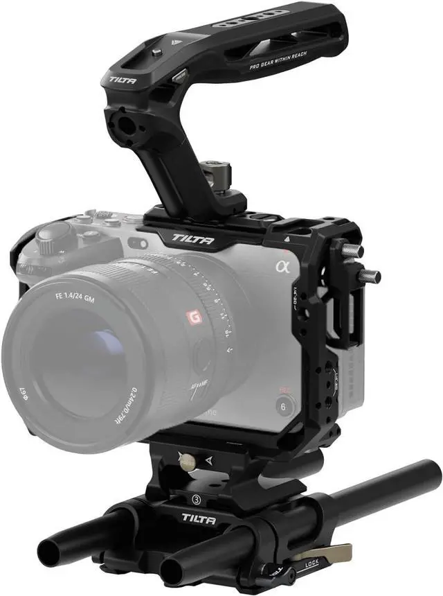 Main image of Camera Cage Basic Kit for FX3/FX30 V2 | Includes Cage, Top Handle, Baseplate & More | Top Plate NATO Rail, Cold Shoe, 1/4"-20 and 3/8"-16 | Thumb Screw Design | Black