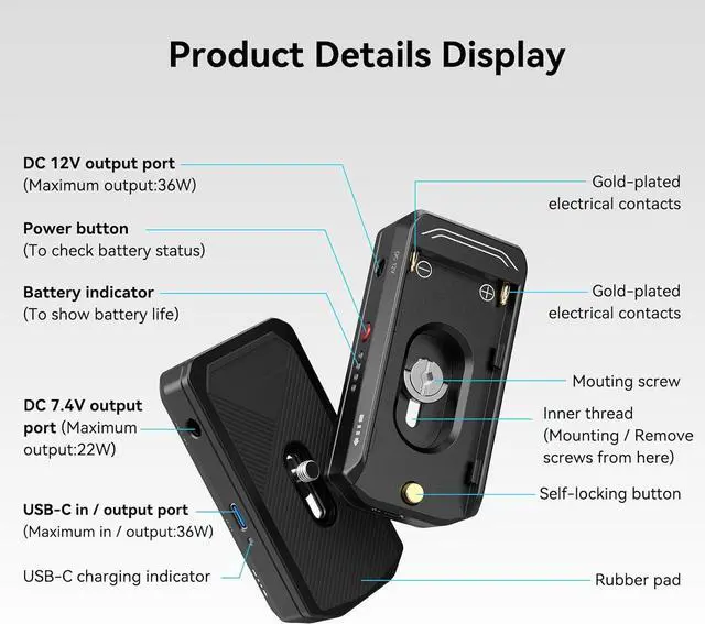 Alt view image 3 of 7 - NP-F Battery Adapter Mount Plate for  EOS R5, R5 C and BMPCC 4K, 6K, 6K Pro, with USB-C Port and Dual DC Outputs Compatible with NP-F970, NP-F550, NP-F770-3168B