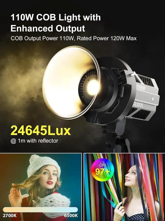 Alt view image 2 of 7 - Video Light, Colbor CL100X 110W Bi-Colour Video Light 2700K-6500K CRI97+ COB Continuous Aluminium with Bowens Mount APP Control 10 Light Effect for Photography, Daylight LED Video Light Photo Studio