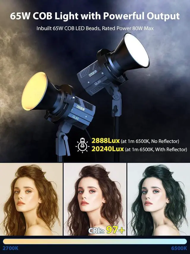Alt view image 2 of 7 - Video Light, COLBOR CL60 65W COB Continuous Output Lighting LED 2700~6500K CRI97+ with Bowens Mount APP Control for Filming Live Streaming Interview, LED-Video-Light-Photography-Studio