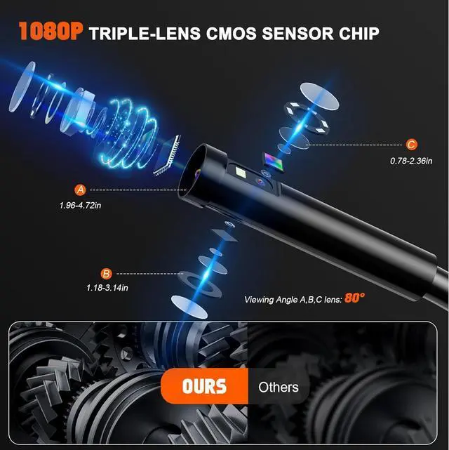 Alt view image 3 of 7 - Lens Sewer Inspection Camera with 50FT Semi-Rigid Cable, 1080P HD Endoscope Camera with Light, 5" IPS Screen Industrial Borescope, IP67 Drain Pipe Camera Snake, 32G Storage Card, Carrying Case