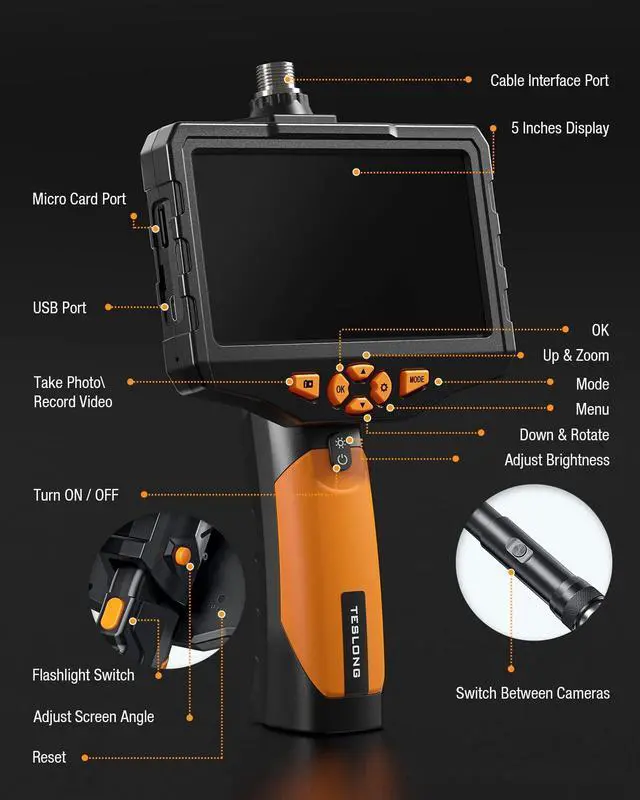Alt view image 6 of 6 - Inspection Camera, Dual Lens Endoscope Camera with Light 5" IPS Screen Digital Industrial Borescope,1080P Endoscope Waterproof Flexible Probe Borescope Camera with Light(16.5FT)