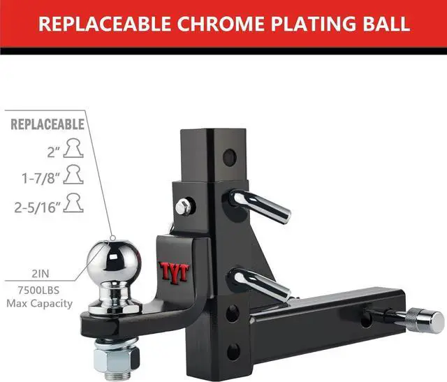 Alt view image 2 of 7 - Adjustable Trailer Hitch Ball Mount, 2" Towing Ball 7500 LBS, 9-1/2" Drop and 8-1/4" Rise, Fits 2-in Receiver with 2 Pin&Clips and 5/8" Premium Pin Lock for Heavy Duty Truck