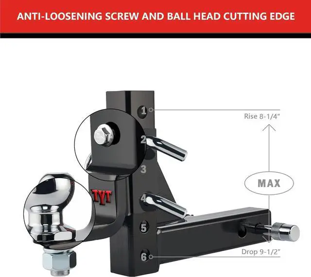 Alt view image 3 of 7 - Adjustable Trailer Hitch Ball Mount, 2" Towing Ball 7500 LBS, 9-1/2" Drop and 8-1/4" Rise, Fits 2-in Receiver with 2 Pin&Clips and 5/8" Premium Pin Lock for Heavy Duty Truck
