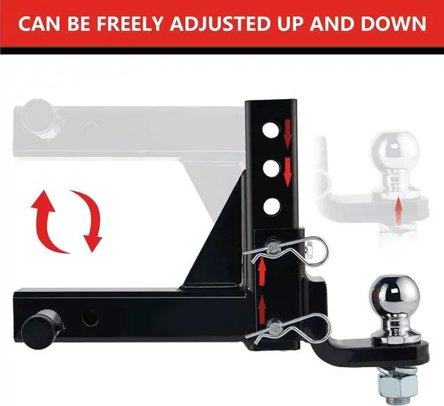 Alt view image 4 of 7 - Adjustable Trailer Hitch Ball Mount, 2" Towing Ball 7500 LBS, 9-1/2" Drop and 8-1/4" Rise, Fits 2-in Receiver with 2 Pin&Clips and 5/8" Premium Pin Lock for Heavy Duty Truck