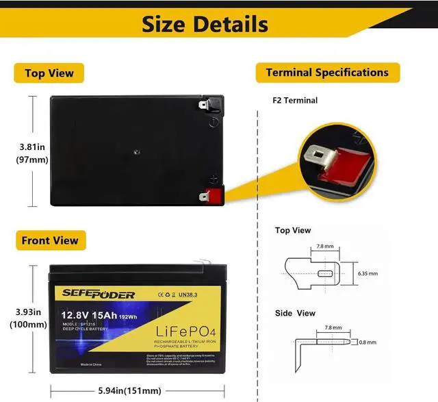 Alt view image 2 of 7 - 2 Pack 12V 15Ah LiFePO4 Deep Cycle Battery, 2000+ Cycles Rechargeable Battery for Scooter, Lighting, Power Wheels, Fish Finder and More with Built-in 16A BMS