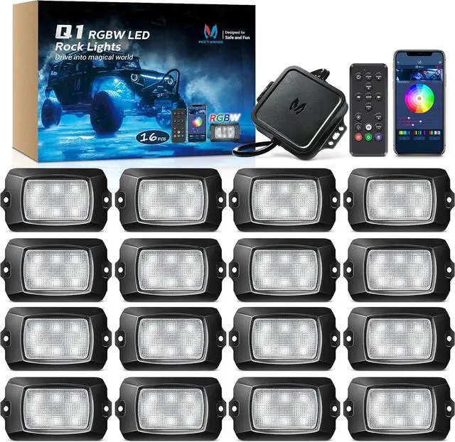 Main image of Q1 RGBW LED Rock Lights, 16 Pods Pure Color Underglow Neon Multicolor Lighting with Wiring Switch Kit, Bluetooth Controller, Remote Control, Music Mode for Trucks Car ATV UTV Golf Cart
