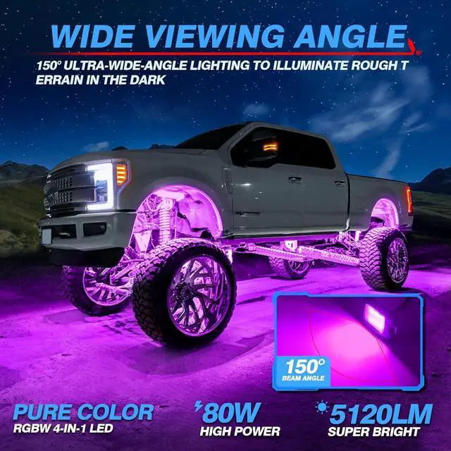 Alt view image 3 of 6 - Q1 RGBW LED Rock Lights, 16 Pods Pure Color Underglow Neon Multicolor Lighting with Wiring Switch Kit, Bluetooth Controller, Remote Control, Music Mode for Trucks Car ATV UTV Golf Cart