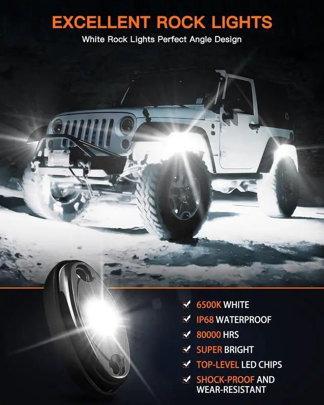 Alt view image 4 of 7 - R1 Pure White LED Rock Lights Kit with Roker Switch Wire Harness 12PCS High Power Rock Lights White for Trucks Off Road ATV UTV SUV Underglow Trail Rig Lights Under Body Waterproof Light