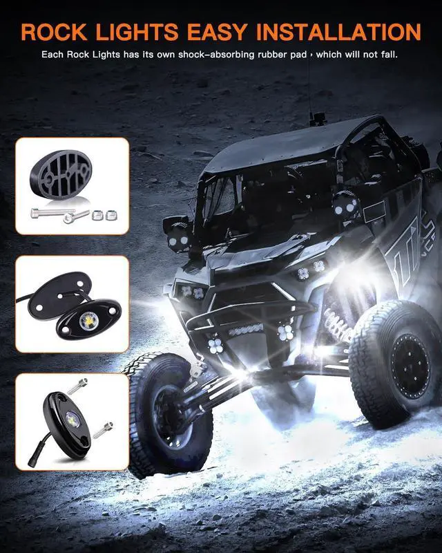 Alt view image 5 of 7 - R1 Pure White LED Rock Lights Kit with Roker Switch Wire Harness 12PCS High Power Rock Lights White for Trucks Off Road ATV UTV SUV Underglow Trail Rig Lights Under Body Waterproof Light
