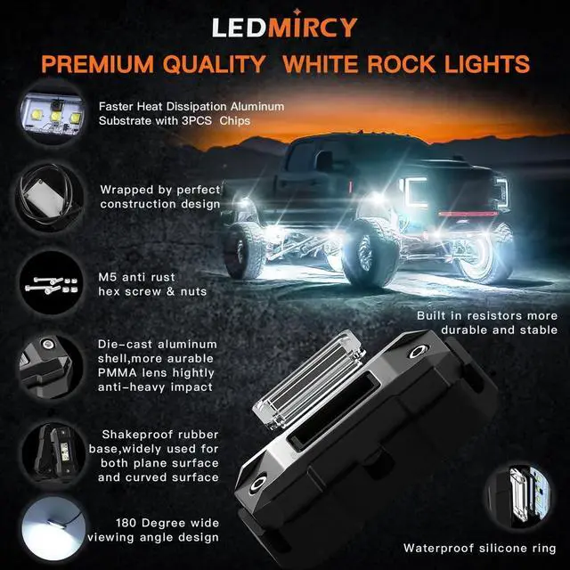 Alt view image 4 of 7 - R4 Pure White LED Rock Lights Kit with Roker Switch Wire Harness 12PCS Rock Lights White for Offroad Trucks ATV UTV SUV Underglow Lights Trail Rig Lights Under Body High Power Waterproof