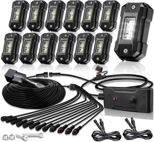 Main image of R4 White Rock Lights Kit with Switch Wire Harness 12PCS Super Bright Pure White LED Rock Lights for Offroad Trucks ATV UTV SUV High Power Underglow Under Body Light Waterproof Shockproof