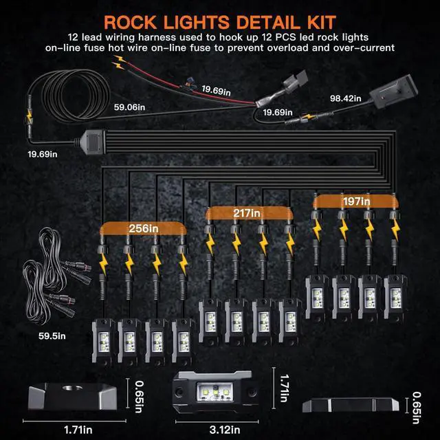 Alt view image 6 of 7 - R4 White Rock Lights Kit with Switch Wire Harness 12PCS Super Bright Pure White LED Rock Lights for Offroad Trucks ATV UTV SUV High Power Underglow Under Body Light Waterproof Shockproof
