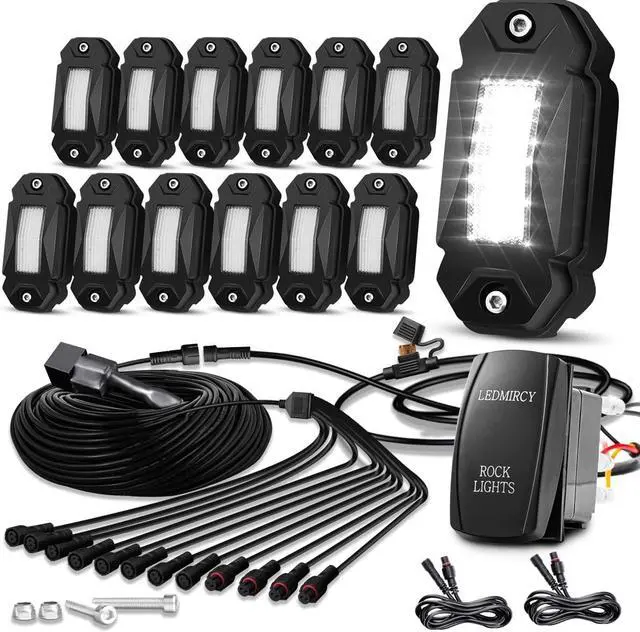 Main image of R2 Pure White Rock Lights Kit with Roker Switch Wire Harness 12PCS LED Rock Lights White for Offroad Trucks ATV UTV SUV Underglow Lights Trail Rig Lights Under Body High Power Waterproof