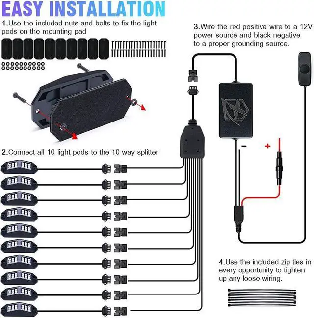 Alt view image 6 of 7 - Rock Lights 10 Pods Wide Angle Bluetooth RGB LED Rocklights Kit, Multicolor Neon Lighting Footwell Underglow Kits w/Wireless Remote, Compatible Off-Road Trucks Cars UTV ATV SUV RZR
