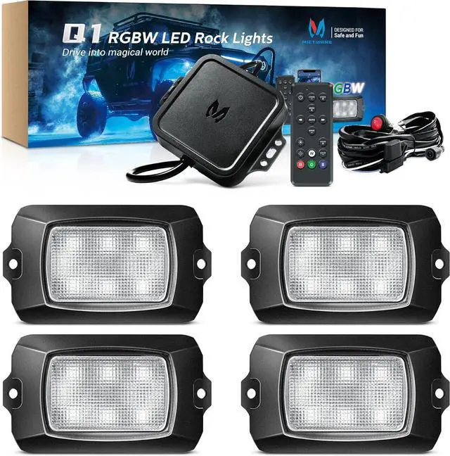 Main image of Q1 RGBW LED Rock Lights, 4 Pods Underglow Multicolor Neon Light w/Wiring Switch Kit, Bluetooth App Controller & Remote Control Flashing Music Mode Wheel Well Light for Truck ATV UTV RZR SUV