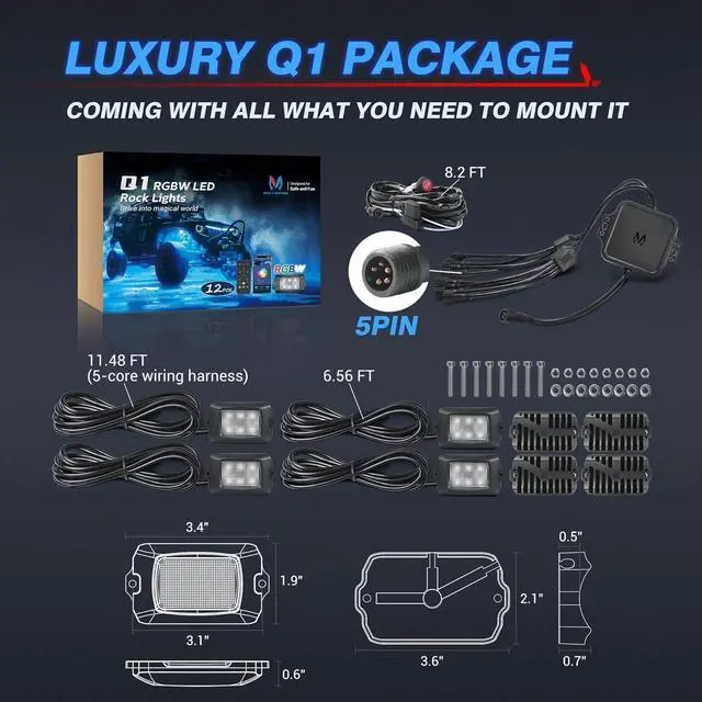 Alt view image 7 of 7 - Q1 RGBW LED Rock Lights, 4 Pods Underglow Multicolor Neon Light w/Wiring Switch Kit, Bluetooth App Controller & Remote Control Flashing Music Mode Wheel Well Light for Truck ATV UTV RZR SUV