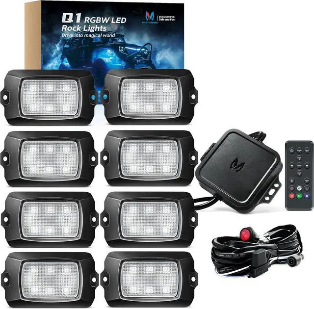 Main image of Q1 RGBW LED Rock Lights, 8 Pods Underglow Multicolor Neon Light w/Wiring Switch Kit, Bluetooth App Controller & Remote Control Flashing Music Mode Wheel Well Light for Truck ATV UTV RZR SUV