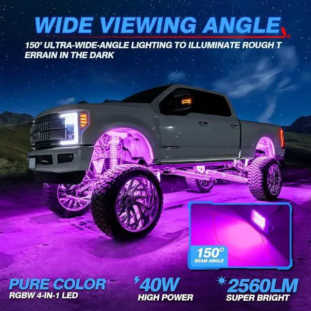 Alt view image 2 of 7 - Q1 RGBW LED Rock Lights, 8 Pods Underglow Multicolor Neon Light w/Wiring Switch Kit, Bluetooth App Controller & Remote Control Flashing Music Mode Wheel Well Light for Truck ATV UTV RZR SUV
