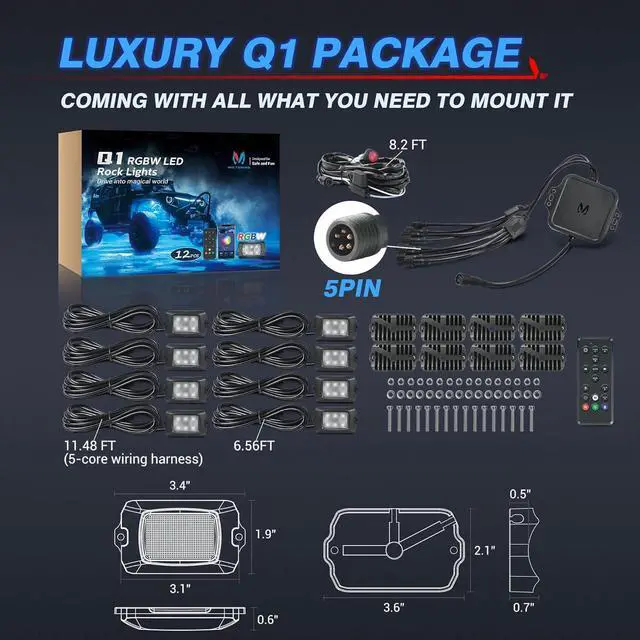 Alt view image 7 of 7 - Q1 RGBW LED Rock Lights, 8 Pods Underglow Multicolor Neon Light w/Wiring Switch Kit, Bluetooth App Controller & Remote Control Flashing Music Mode Wheel Well Light for Truck ATV UTV RZR SUV
