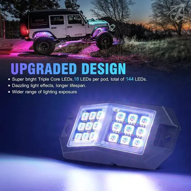 Alt view image 2 of 7 - 8 Pods Rock Lights Wide Angle Bluetooth RGB Rocklights, Multicolor Neon Lighting Footwell Underglow Kits w/Wireless Remote, Compatible Jeep UTV ATV SUV RZR Off-Road Trucks Cars Boats