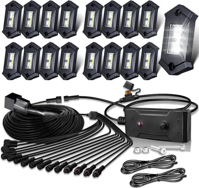 Main image of R3 White LED Rock Lights Kit 16PCS with Switch Wire Harness for Trucks Off Road ATV UTV SUV RZR Pure Underglow White Rock Rock Lights Under Body High Power Waterproof Shockproof