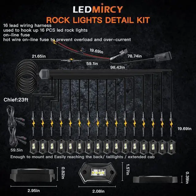 Alt view image 6 of 7 - R3 White LED Rock Lights Kit 16PCS with Switch Wire Harness for Trucks Off Road ATV UTV SUV RZR Pure Underglow White Rock Rock Lights Under Body High Power Waterproof Shockproof