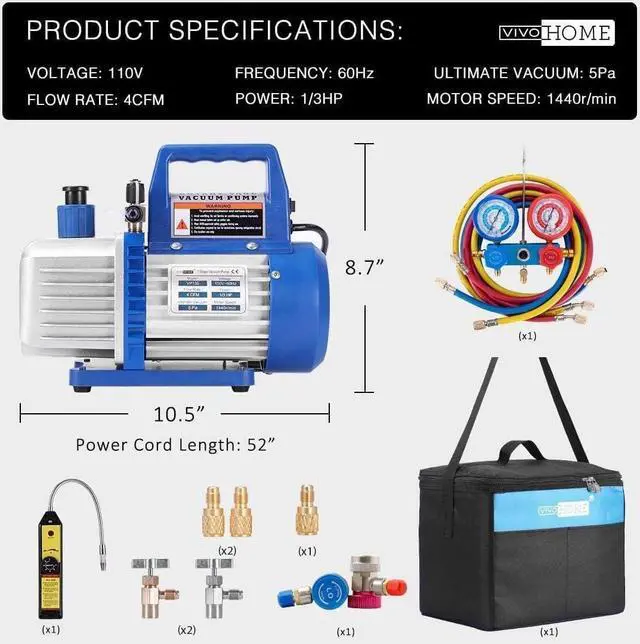 Alt view image 6 of 7 - 110V 1/34CFM Single Stage Rotary Vane Air Vacuum Pump and R134a AC Manifold Gauge Set Kit with Leak Detector Carry Bag for HVAC Air Conditioning Refrigeration Recharging ETL Listed