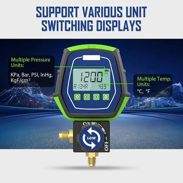 Alt view image 3 of 7 - Digital Manifold Gauge Set, R134a Refrigerant Recharge Kit AC Manifold Gauge Set with 3 Hoses (Tolerance Range: -/+0.5%)