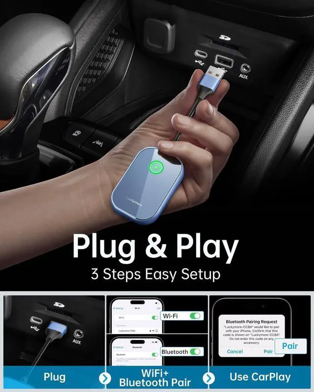 Alt view image 2 of 7 - Wireless Carplay Adapter, Converts Wired to Wireless Carplay Dongle for Wireless Control Plug & Play Carplay Fit for Cars from 2017 & for  iPhone iOS 10+