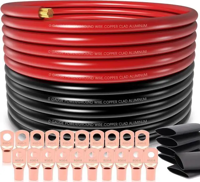 Main image of 40FT 1/0 Gauge Wire Copper Clad Aluminum CAA,20pcs Lugs Terminal Connectors with 3:1Heat Shrink Tube for Power/Auto,Amplifier,Ground Cable Trailer Wiring