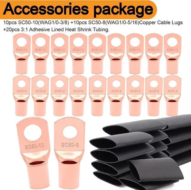Alt view image 7 of 7 - 40FT 1/0 Gauge Wire Copper Clad Aluminum CAA,20pcs Lugs Terminal Connectors with 3:1Heat Shrink Tube for Power/Auto,Amplifier,Ground Cable Trailer Wiring