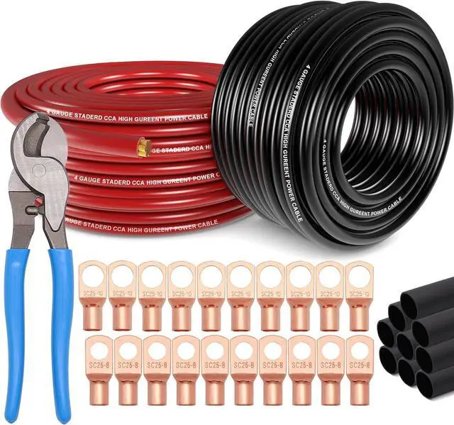 Main image of 4 Gauge Wire (50ft Each - Red/Black) Copper Clad Aluminum CCA with Cable Cutter,Lugs Terminal Connectors and Heat Shrink Tube - Battery Power/Ground Cable,Car Audio Speaker,RV Trailer Amp Wiring kit