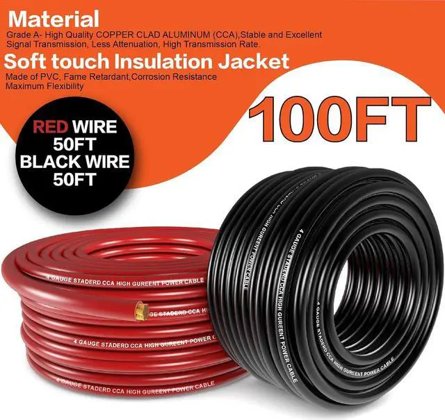 Alt view image 2 of 7 - 4 Gauge Wire (50ft Each - Red/Black) Copper Clad Aluminum CCA with Cable Cutter,Lugs Terminal Connectors and Heat Shrink Tube - Battery Power/Ground Cable,Car Audio Speaker,RV Trailer Amp Wiring kit
