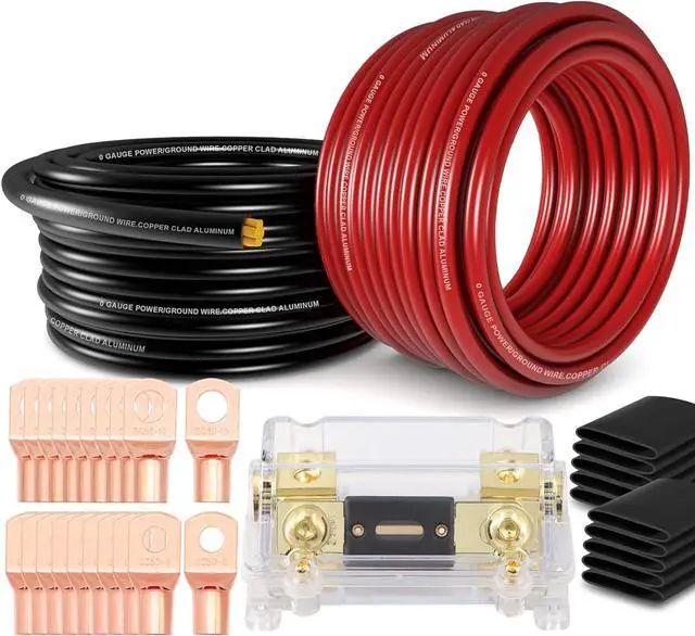 Main image of 1/0 Gauge Wire(20ft Each - Red/Black) Copper Clad Aluminum CCA with 250A ANL Fuse Holder,20pcs Lugs Terminal Connectors & 3:1 Heat Shrink Tube for Power/Auto,Amplifier,Ground Cable