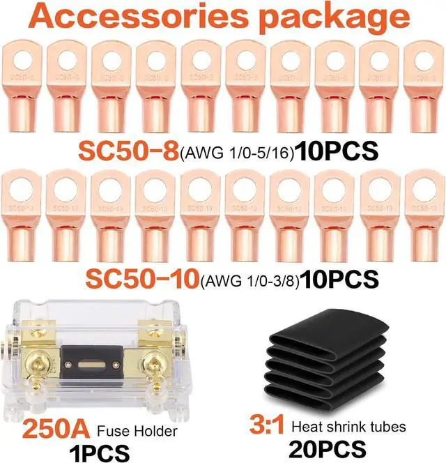 Alt view image 5 of 7 - 1/0 Gauge Wire(20ft Each - Red/Black) Copper Clad Aluminum CCA with 250A ANL Fuse Holder,20pcs Lugs Terminal Connectors & 3:1 Heat Shrink Tube for Power/Auto,Amplifier,Ground Cable