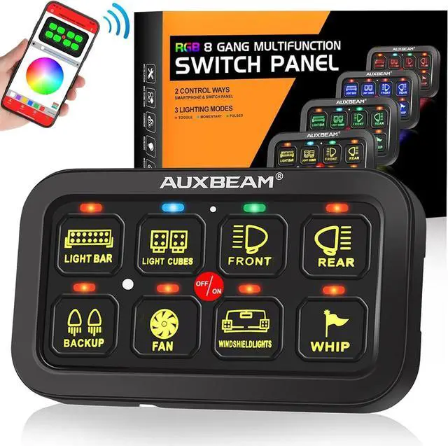 Main image of 8 Gang Switch Panel RGB AR-800 Toggle Momentary Pulsed Bluetooth Switch Panel for Truck SUV UTV ATV Marine RV Camper Van, Multifunction 12-24V Waterproof 2 Years Warranty