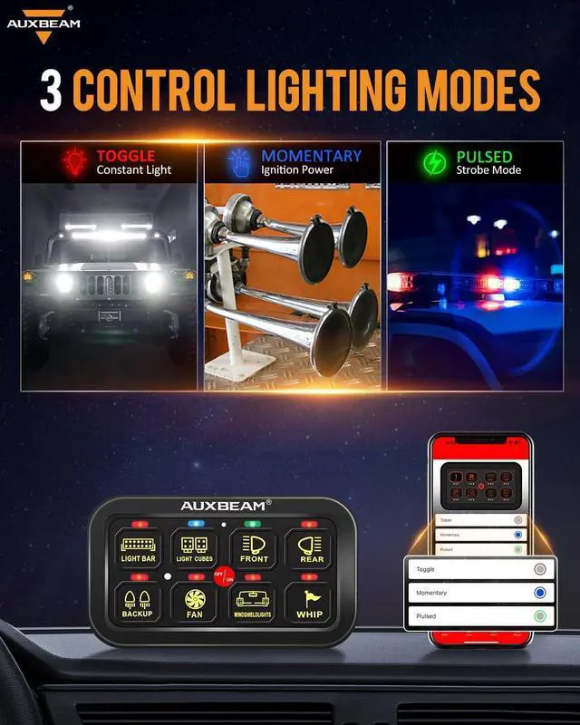 Alt view image 2 of 7 - 8 Gang Switch Panel RGB AR-800 Toggle Momentary Pulsed Bluetooth Switch Panel for Truck SUV UTV ATV Marine RV Camper Van, Multifunction 12-24V Waterproof 2 Years Warranty