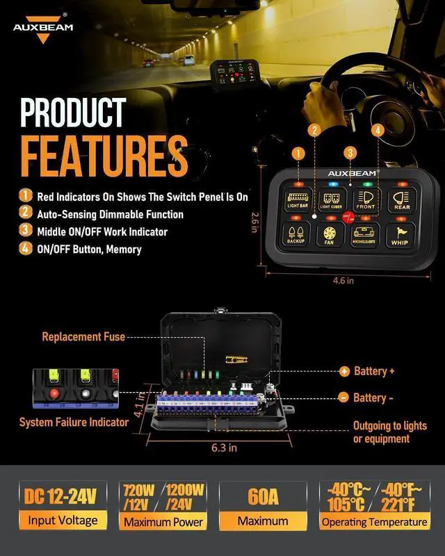 Alt view image 7 of 7 - 8 Gang Switch Panel RGB AR-800 Toggle Momentary Pulsed Bluetooth Switch Panel for Truck SUV UTV ATV Marine RV Camper Van, Multifunction 12-24V Waterproof 2 Years Warranty