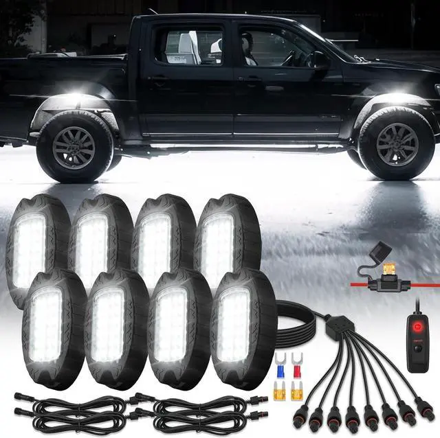 Main image of 8Pods Metal Pure White LED Rock Lights Kit with Switch Wiring Harness, 6000K 24LEDs Neon Underglow Light Aluminum Waterproof Fender Lights for Trucks Trailer Jeep Off Road ATV UTV SUV