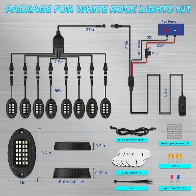 Alt view image 6 of 7 - 8Pods Metal Pure White LED Rock Lights Kit with Switch Wiring Harness, 6000K 24LEDs Neon Underglow Light Aluminum Waterproof Fender Lights for Trucks Trailer Jeep Off Road ATV UTV SUV
