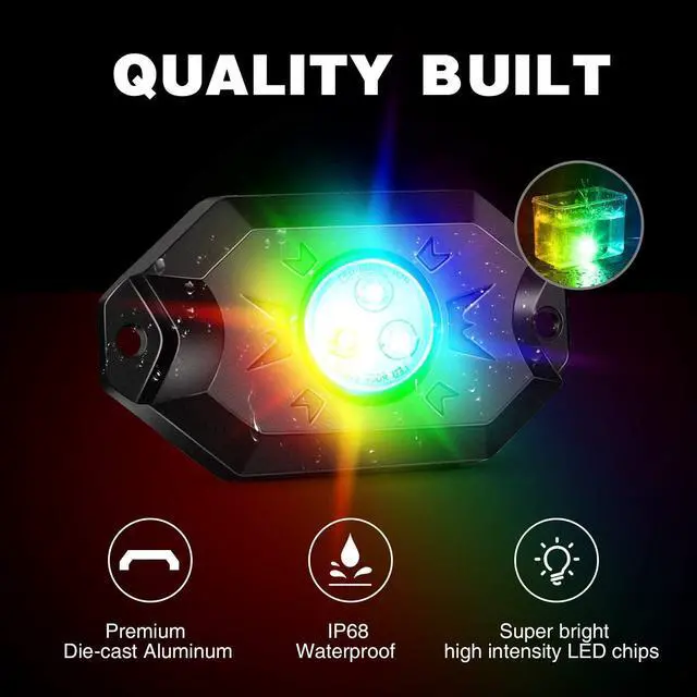 Alt view image 5 of 6 - RGB LED Rock Lights Kit 8 pods Underglow Multicolor Neon Light Pod with Bluetooth App Control Timing Function Flashing Music Mode IP68 Exterior Wheel Well Light for ATV UTV