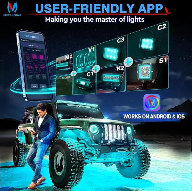 Alt view image 6 of 7 - MICTUNING C2 Curved RGBW LED Rock Lights - 8 Pods Underglow Multicolor Neon Light with Wiring Switch Kit, Bluetooth Controller with APP Control