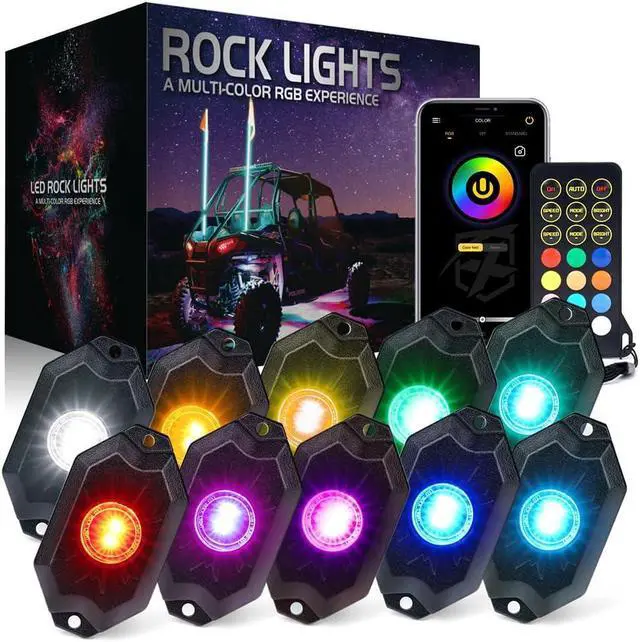 Main image of RGBW LED Rock Lights Kit with Bluetooth & Wireless Remote Controller, Multicolor Cars Underglow, Wheel, Footwell Neon Light Kits, for Off-Road UTV ATV Trucks SUV Motorcycle Boats - 10 Pods