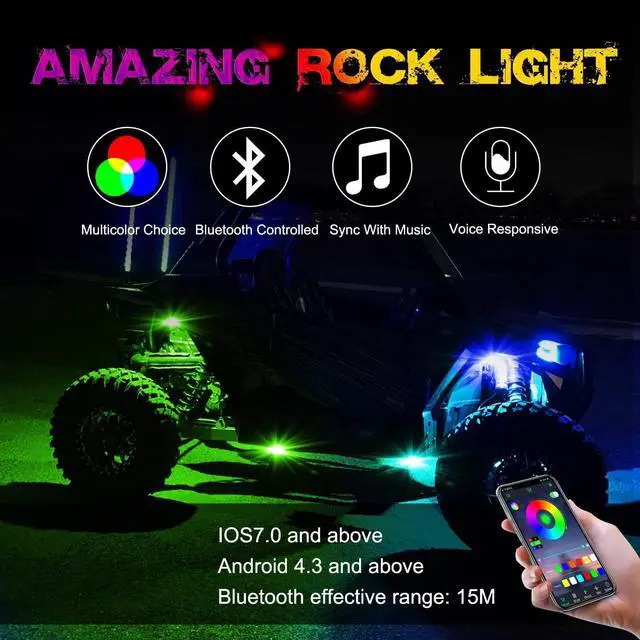 Alt view image 7 of 7 - RGB Rock Light Kits, OFFROADTOWN RGB LED Rock Lights with 6 pods Lights Neon Trail Rig Lights Underglow Universal, Perfect for Polaris Can-Am Yamaha Honda Tundra