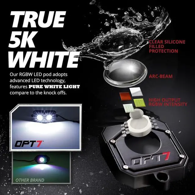 Alt view image 4 of 7 - OPT7 Quantum Pro RGBW LED Rock Lights with Bluetooth APP and Remote Control, 4 Pods Wide Angle Multicolor Neon Underglow Lighting Kit with Extension Wire, IP68 Waterproof for Offroad Truck ATV UTV SUV
