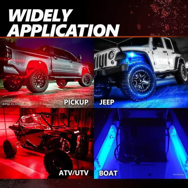 Alt view image 7 of 7 - OPT7 Quantum Pro RGBW LED Rock Lights with Bluetooth APP and Remote Control, 4 Pods Wide Angle Multicolor Neon Underglow Lighting Kit with Extension Wire, IP68 Waterproof for Offroad Truck ATV UTV SUV