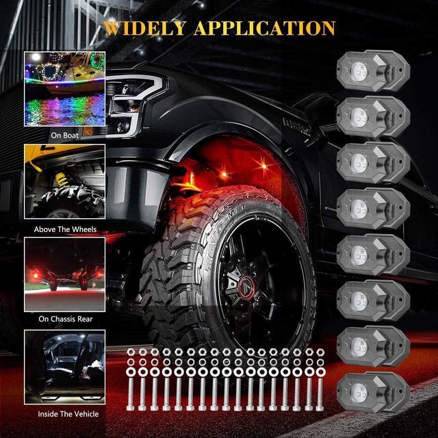 Alt view image 2 of 7 - Auto 8 Pods RGB LED Rock Light Kits with Bluetooth Controller Waterproof Multicolor Neon LED Lights Underglow Trail Rig Lights for Trucks SUV ATV Boat Motorcycle Off Road