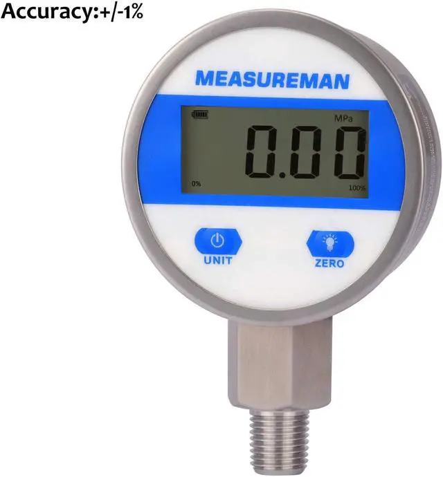 Alt view image 2 of 7 - 2-1/2" dial, Digital Industrial Pressure Gauge with 1/4"NPT Lower Mount, Stainless Steel case and Connection, 0-60psi/bar, 1%,Battery Powered, with LED Light