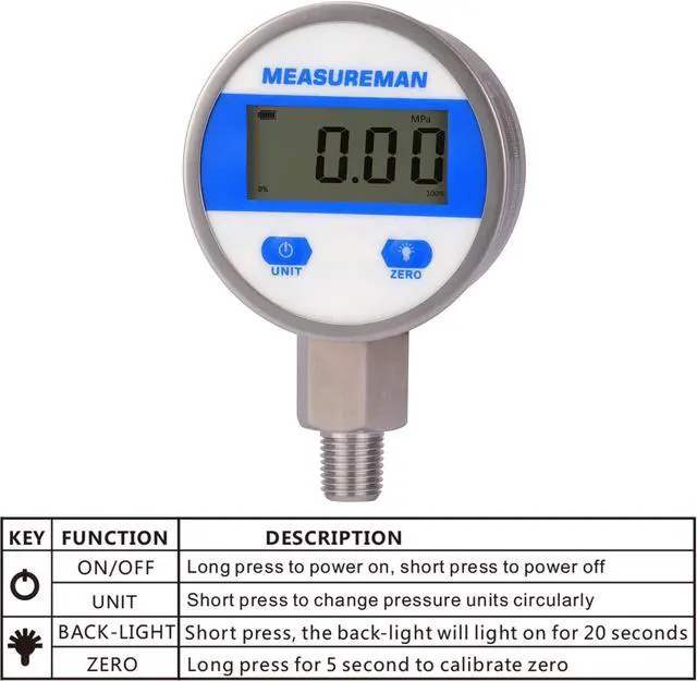 Alt view image 4 of 7 - 2-1/2" dial, Digital Industrial Pressure Gauge with 1/4"NPT Lower Mount, Stainless Steel case and Connection, 0-60psi/bar, 1%,Battery Powered, with LED Light